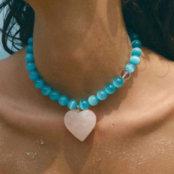 Feminine Other - Heart-Shaped Rose Quartz Pendant with Blue Cat Eye Beaded Choker